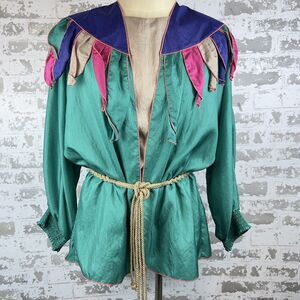 Vtg 3 Pc Jacket Set Women’s L Pink Green Purple Gold Shirt Belt‎ Fringe 1980s
